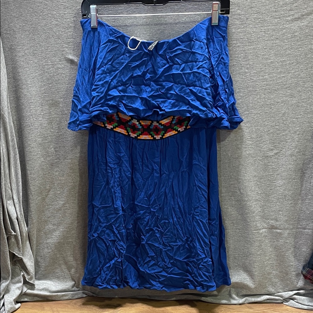 Vibrant Blue Strapless Dress with Colorful Waistband